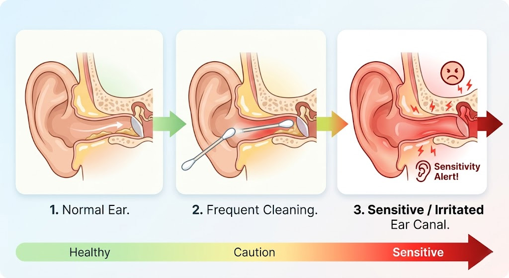 Illustration showing how frequent ear cleaning may increase ear sensitivity over time