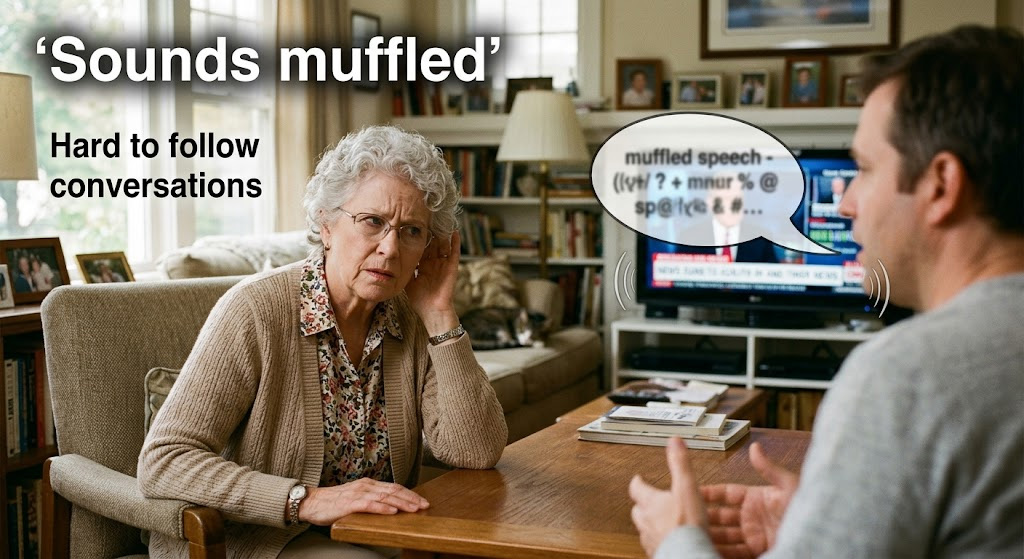 Older adult having difficulty following conversation in a noisy environment
