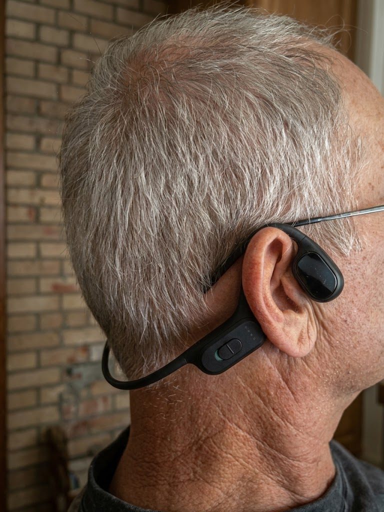 BlueDeer F2H bone conduction hearing aid worn near the cheekbone area
