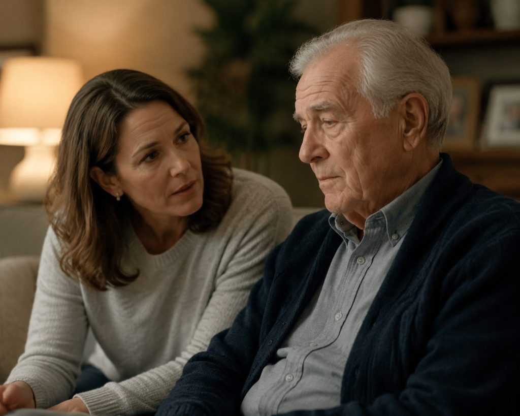 Elderly father showing subtle communication difficulty during a conversation with his daughter in a warm home setting, where family members begin to notice changes in responsiveness and