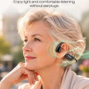 Senior wearing F2H PRO bone conduction hearing aid comfortably