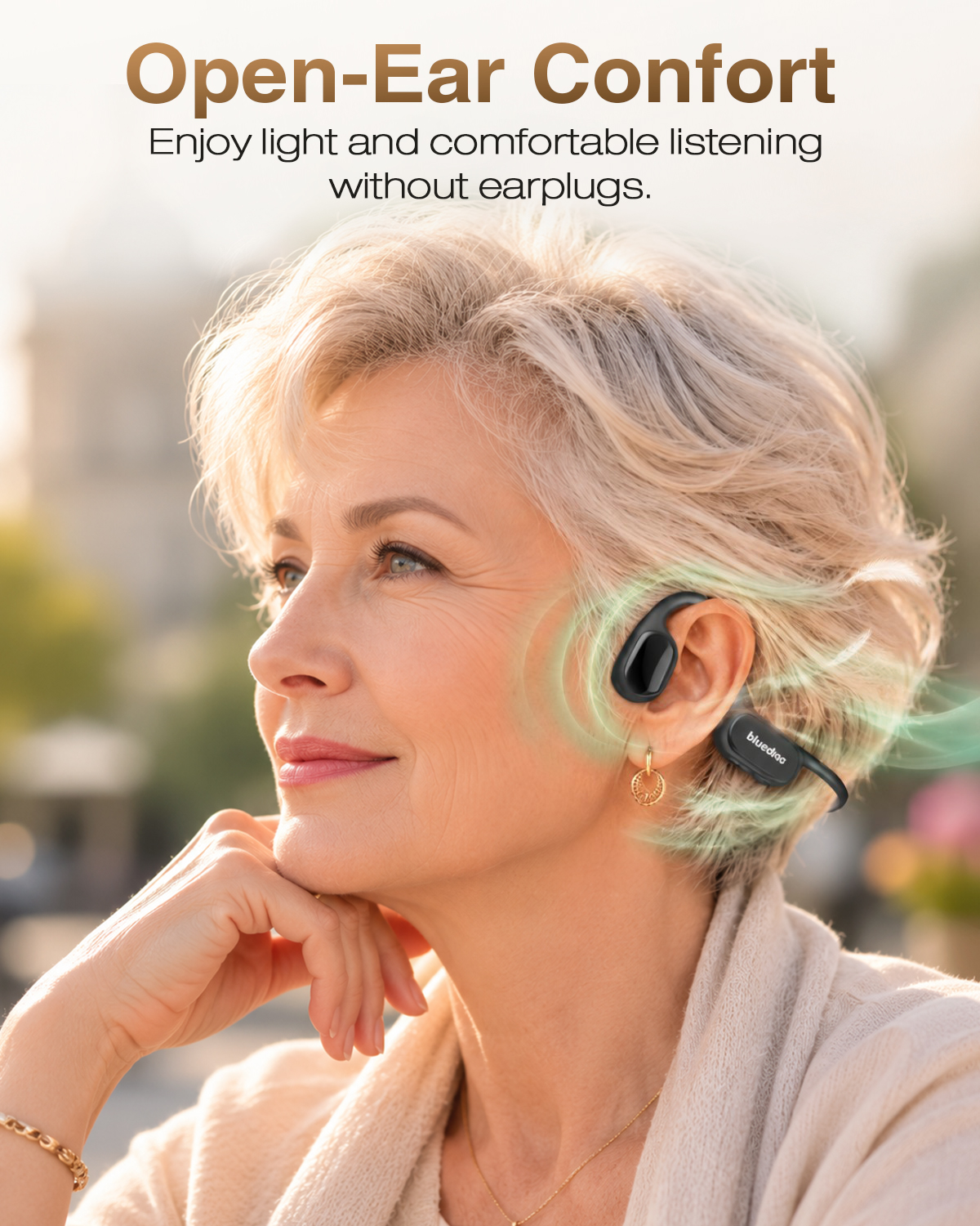 Senior wearing F2H PRO bone conduction hearing aid comfortably