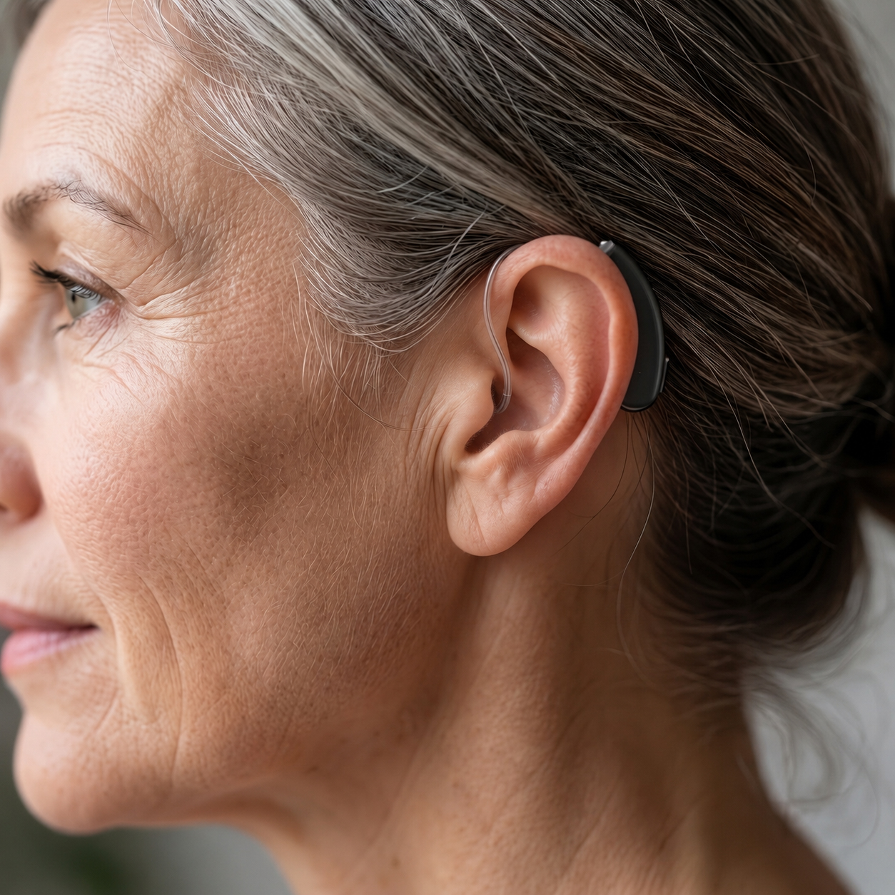 Woman wearing a BlueDeer RIC hearing aid behind the ear